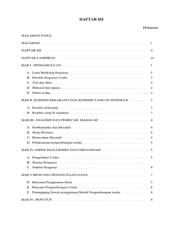 Daftar Isi Proposal pengembangan usaha