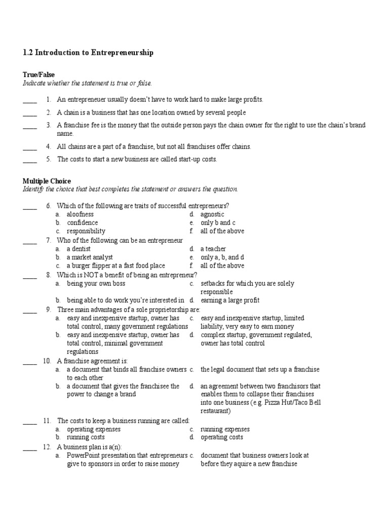 Entrepreneurship Basics and Assessment | PDF | Franchising ...