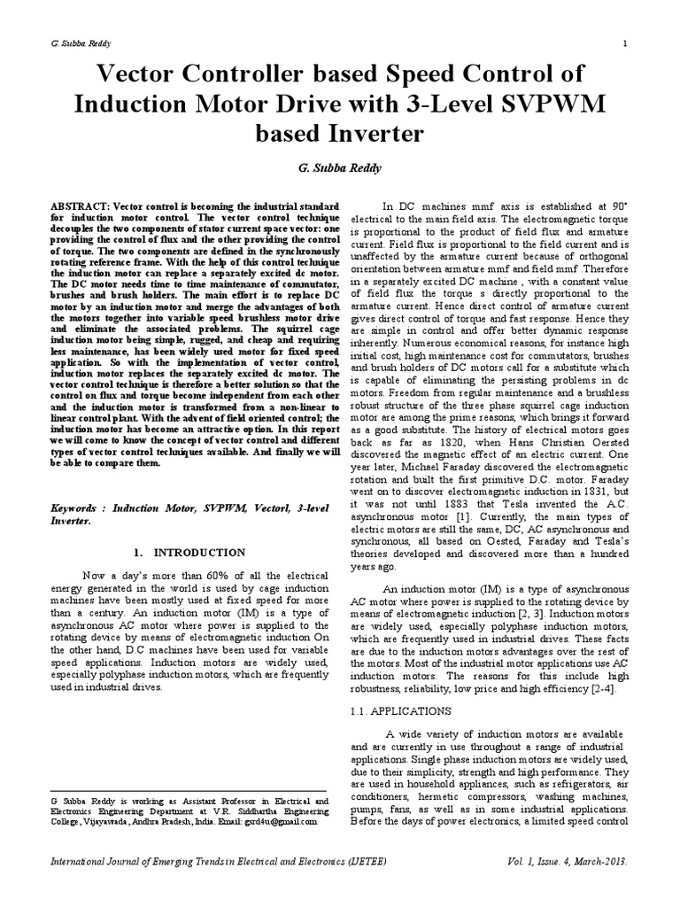 Vector Controller Based Speed Control of Induction Motor Drive With 3 ...