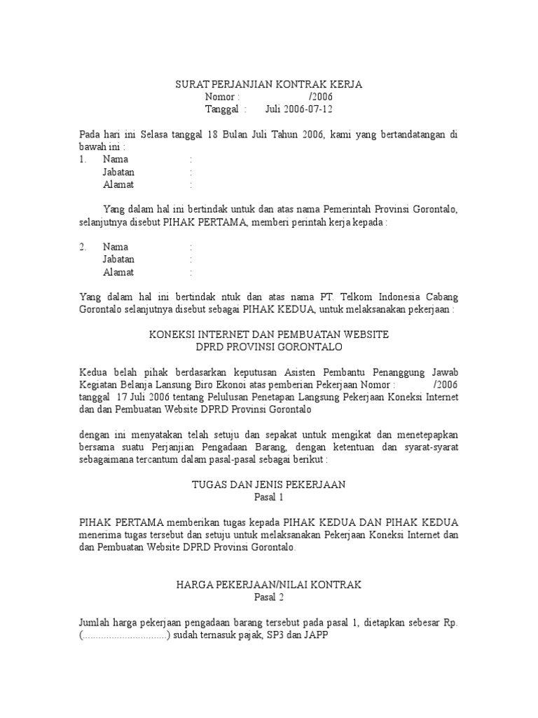 Contoh Surat Perjanjian Sub Kontraktorr