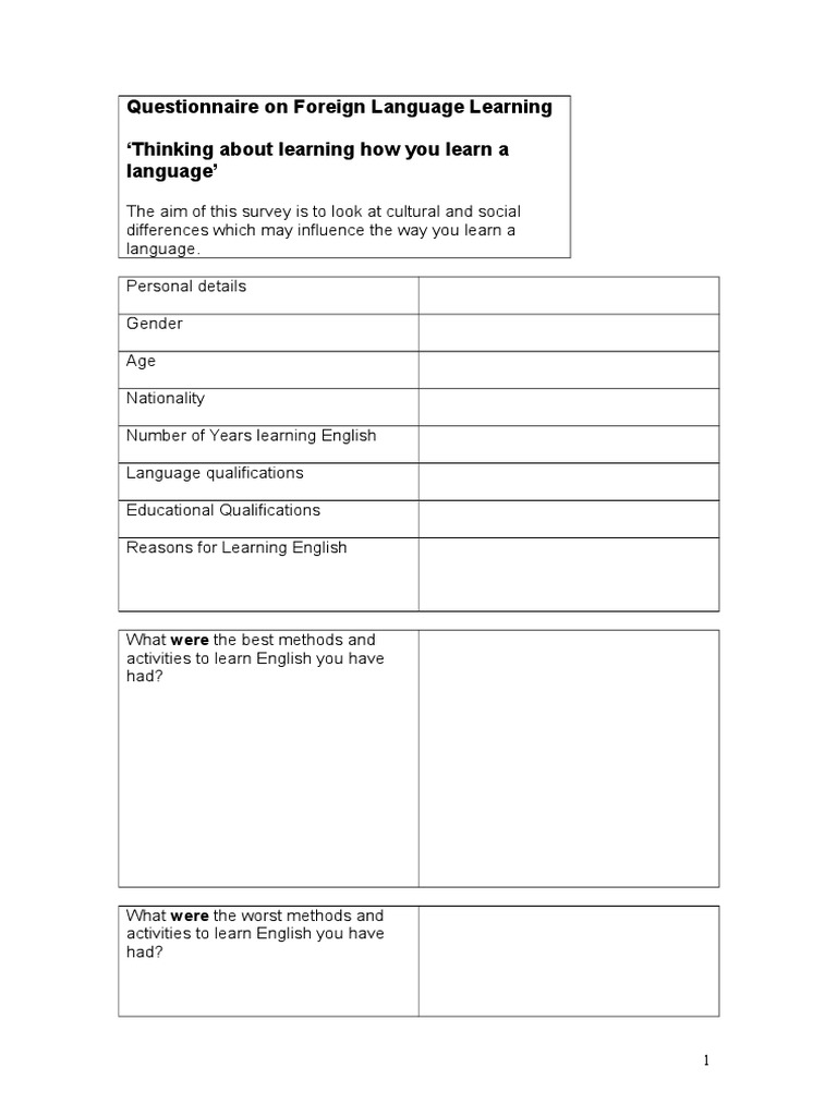 Questionnaire On Foreign Language Learning PDF Language Education