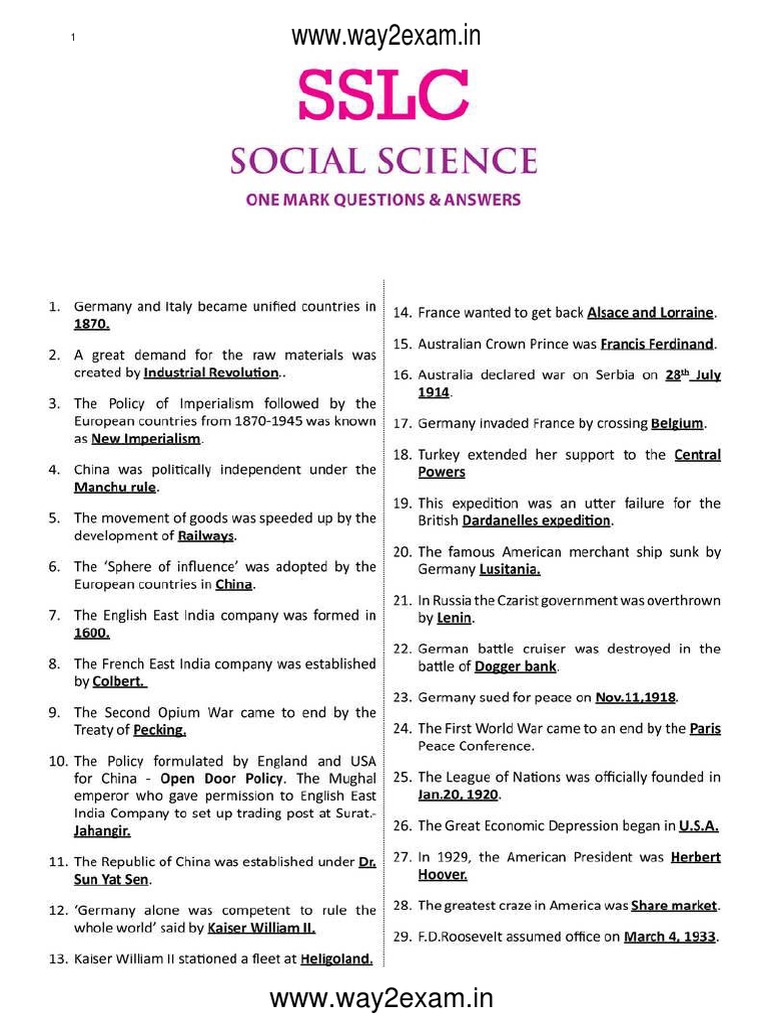 10th Social Science One Mark Questions With Answers English Medium