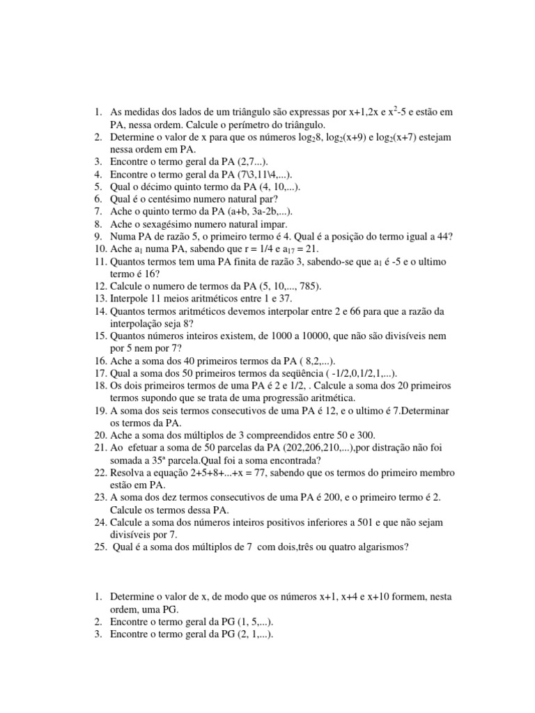 Lista de Exercicios de Pa e PG | PDF | Razão/Proporção | Equações