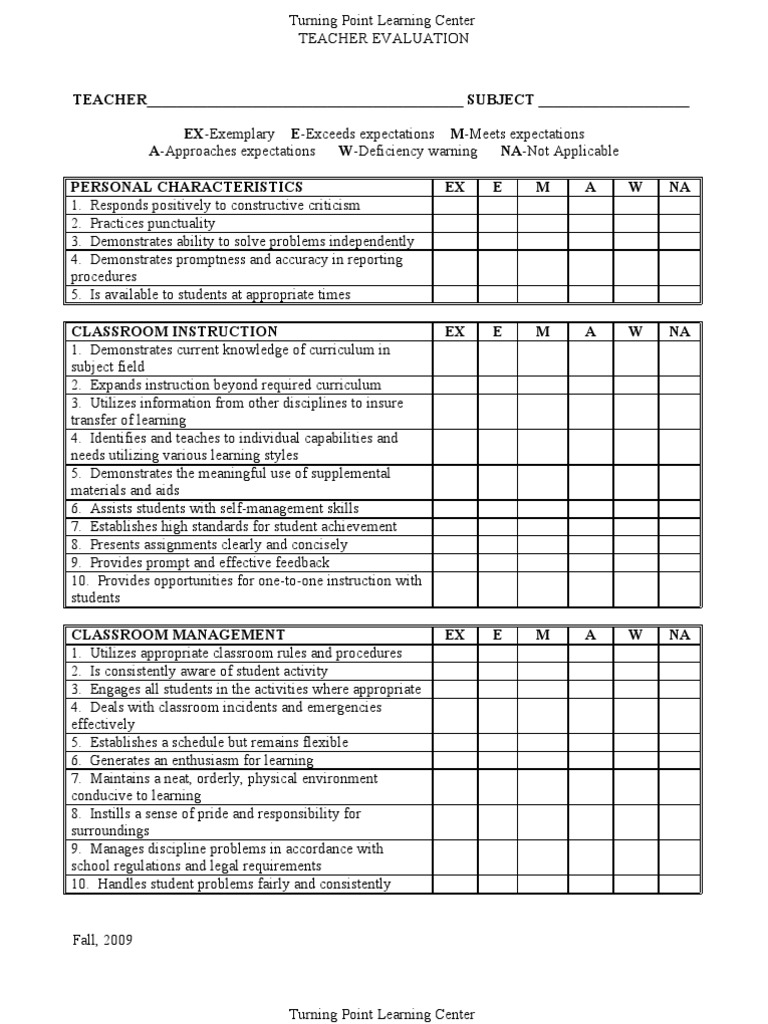 Center Evaluation Form Elementary Printable