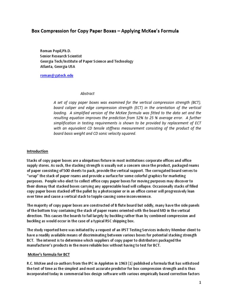 Box Compression For Copy Paper Boxes - Applying McKee's Formula - Final ...