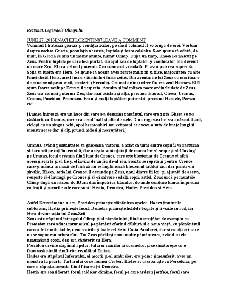 Rezumat Legendele Olimpului Rezumat Legendele Olimpului | PDF