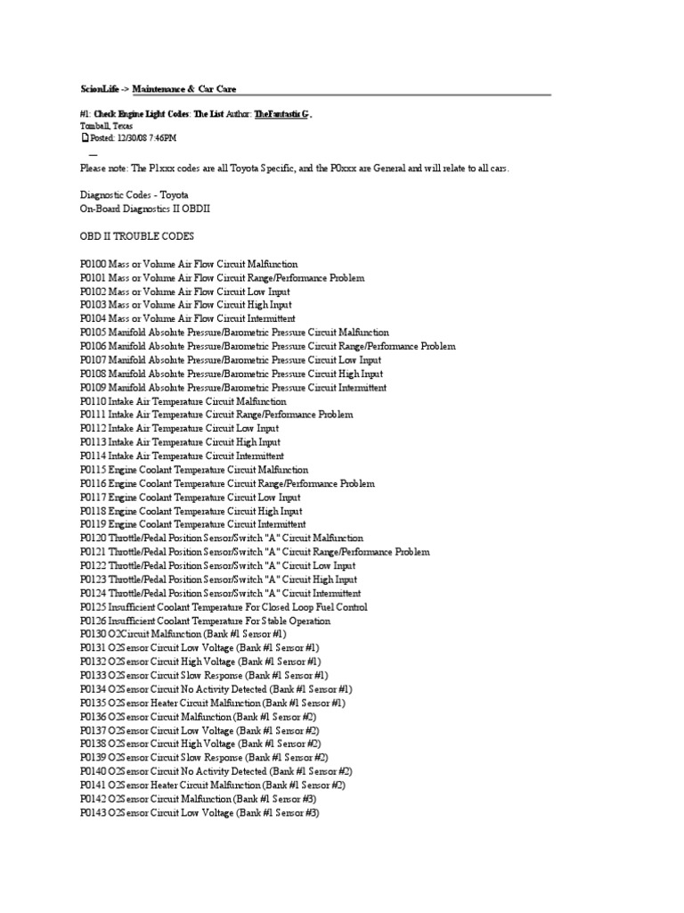 ScionLife Check Engine Light Codes PDF Transmission (Mechanics) Throttle