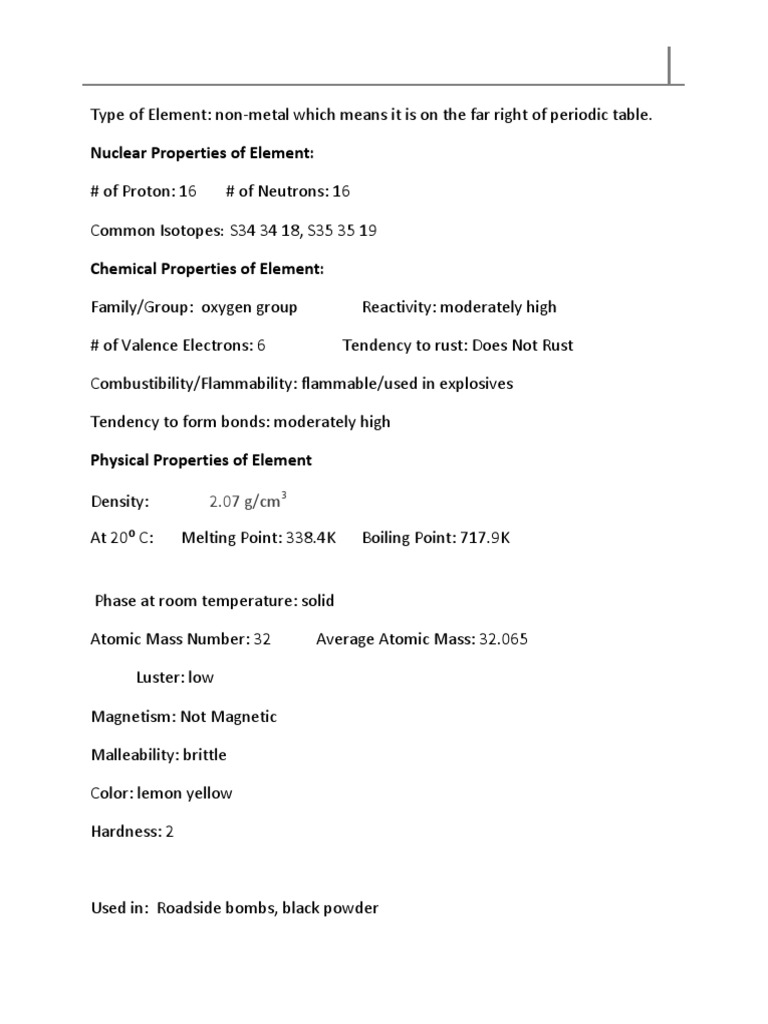 Element Fact File: Sulfur (S) 1314/3 | PDF | Chemical Elements | Physics