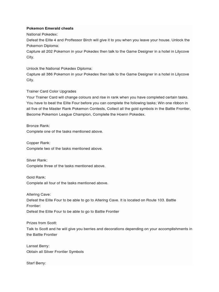 Pokemon Emerald Cheats PDF Fictional Life Forms Nintendo Franchises