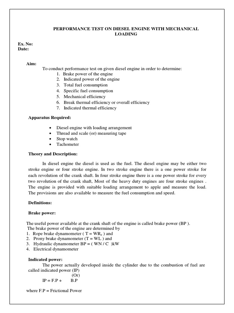 Diesel Engine Performance Testing Report | PDF | Engines | Fuel Efficiency
