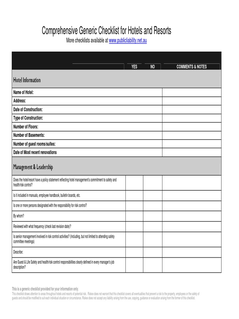 Comprehensive Hotel Resort Risk Management Checklist Hvac
