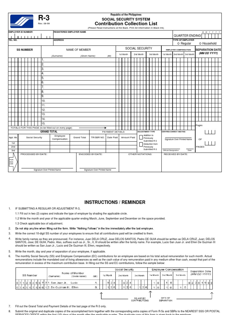 Sss r3 contribution collection list in excel format pdf employment