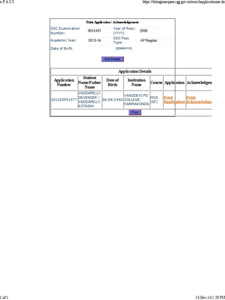 Application Details Application Number Student Name/Father Name Date of ...