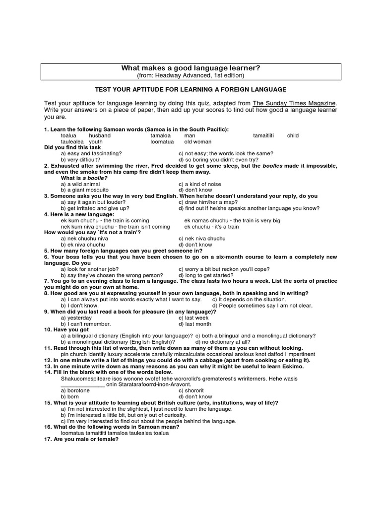 Aptitude For Languages Test Foreign Language Multilingualism