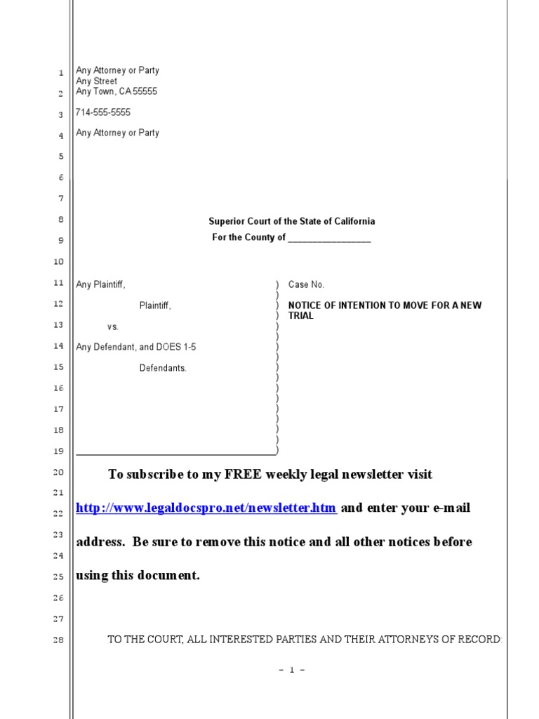 Sample Motion For New Trial For California Eviction PDF Evidence