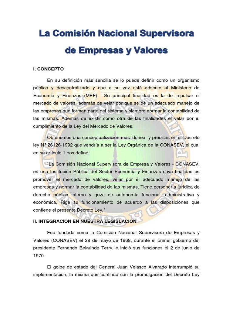 Funciones y Rol de la CONASEV en Perú | PDF | Bolsa de Valores ...