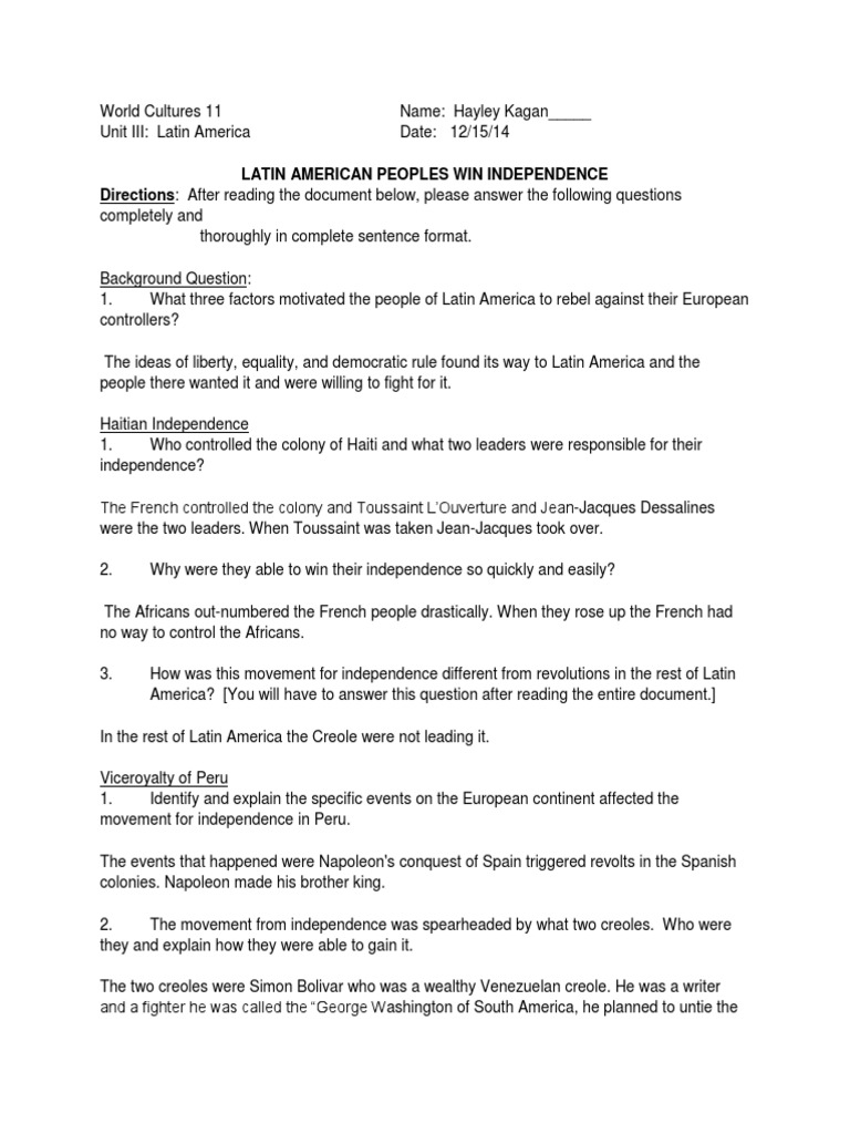 Latin american peoples win independence guided reading answers