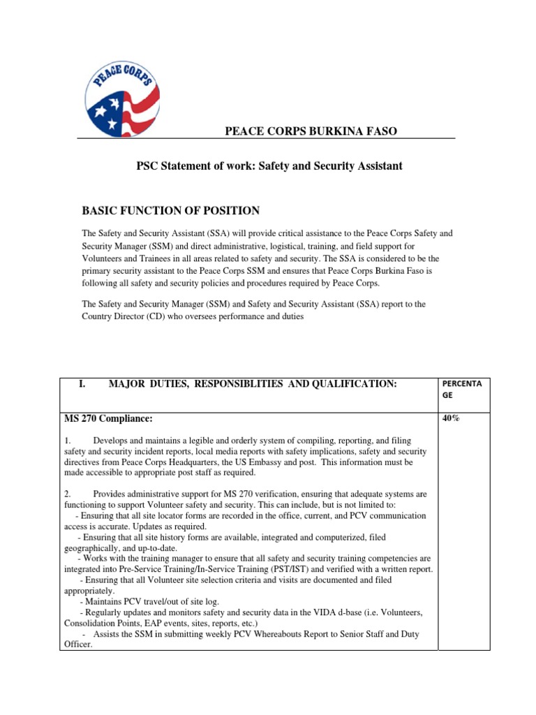 Safety and Security Assistant Role Overview | PDF | Peace Corps ...