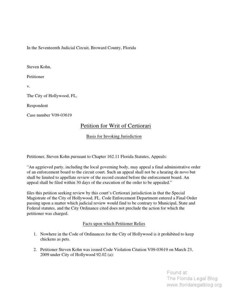Hollywood FL Chicken Ordinance Appeal | PDF | Certiorari | Appeal