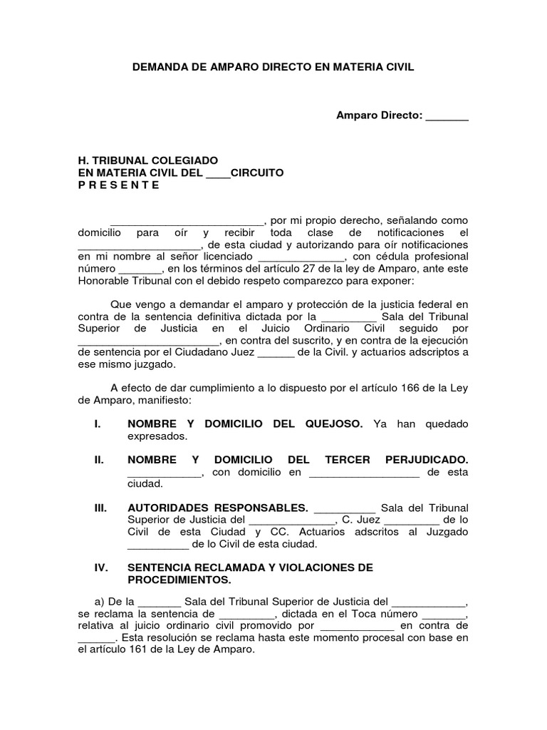 Machote Demanda de Amparo Directo en Materia Civil | PDF | Evidencia (ley)  | Sentencia (Ley)