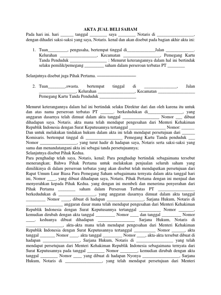 Akta Jual Beli Saham Barang Harga 1457 BW Jual Beli terjadi 1.