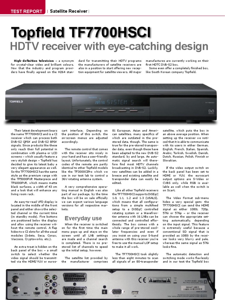Topfield TF7700HSCI HDTV Receiver Review | PDF | High Definition ...