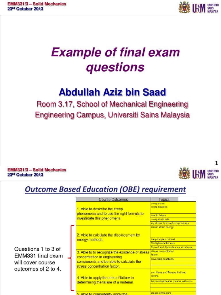 EMM331 Solid Mechanics Final Exam Guide | PDF