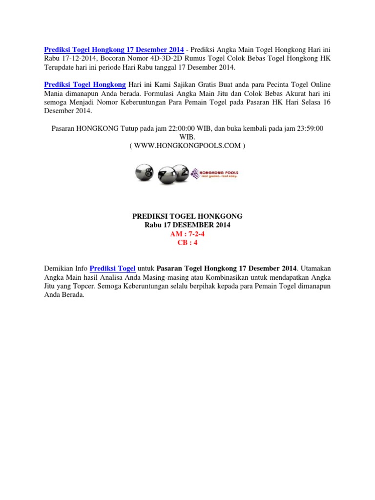 Prediksi Togel Hongkong 17 Desember 2014 Pdf