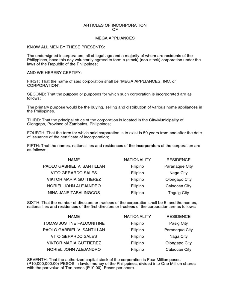 Articles of Incorporation Sample Corporations Subscription Business