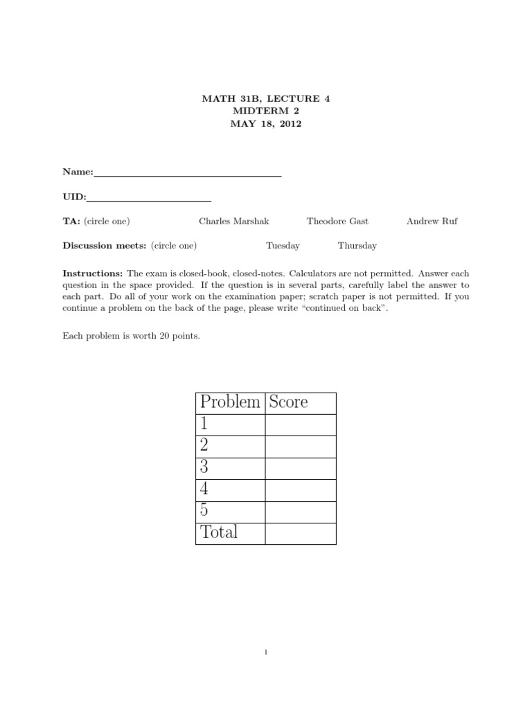 Math 31B Old Midterm 4 | PDF