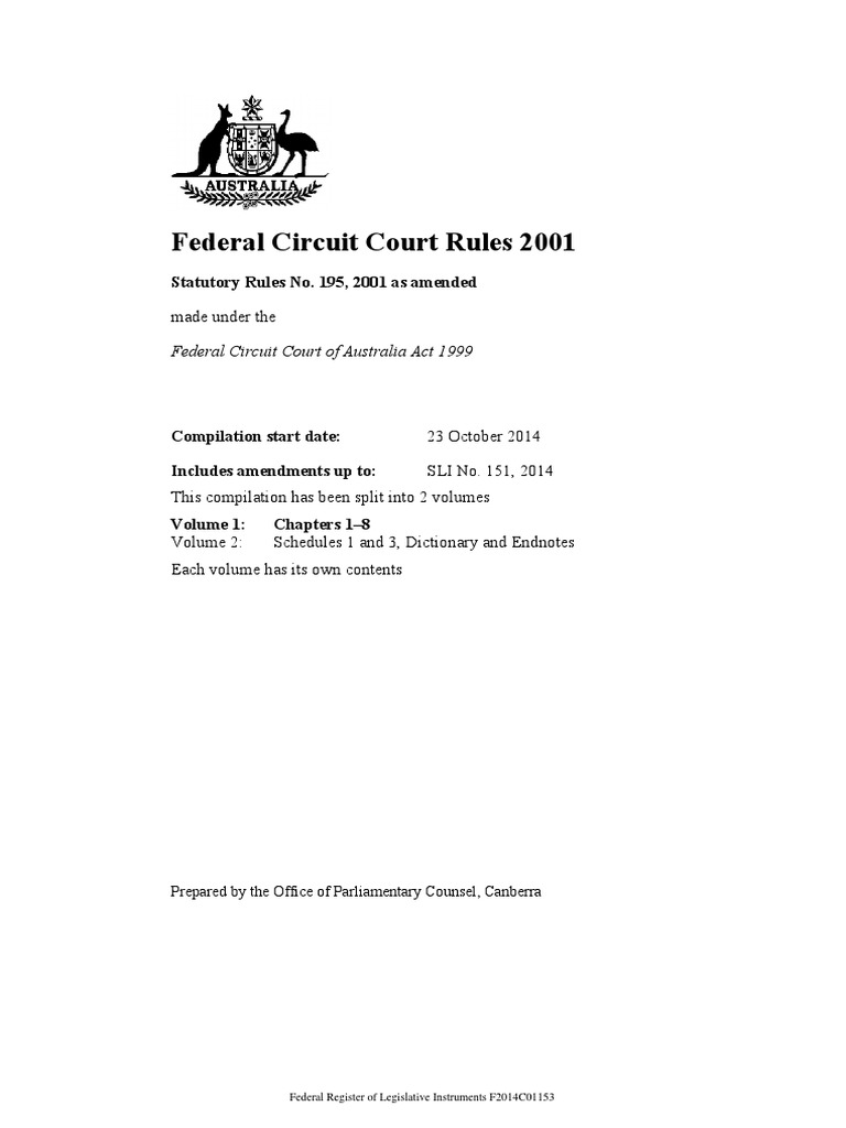 Federal Circuit Court Rules 2001 F2014C01153VOL01 Discovery Law 