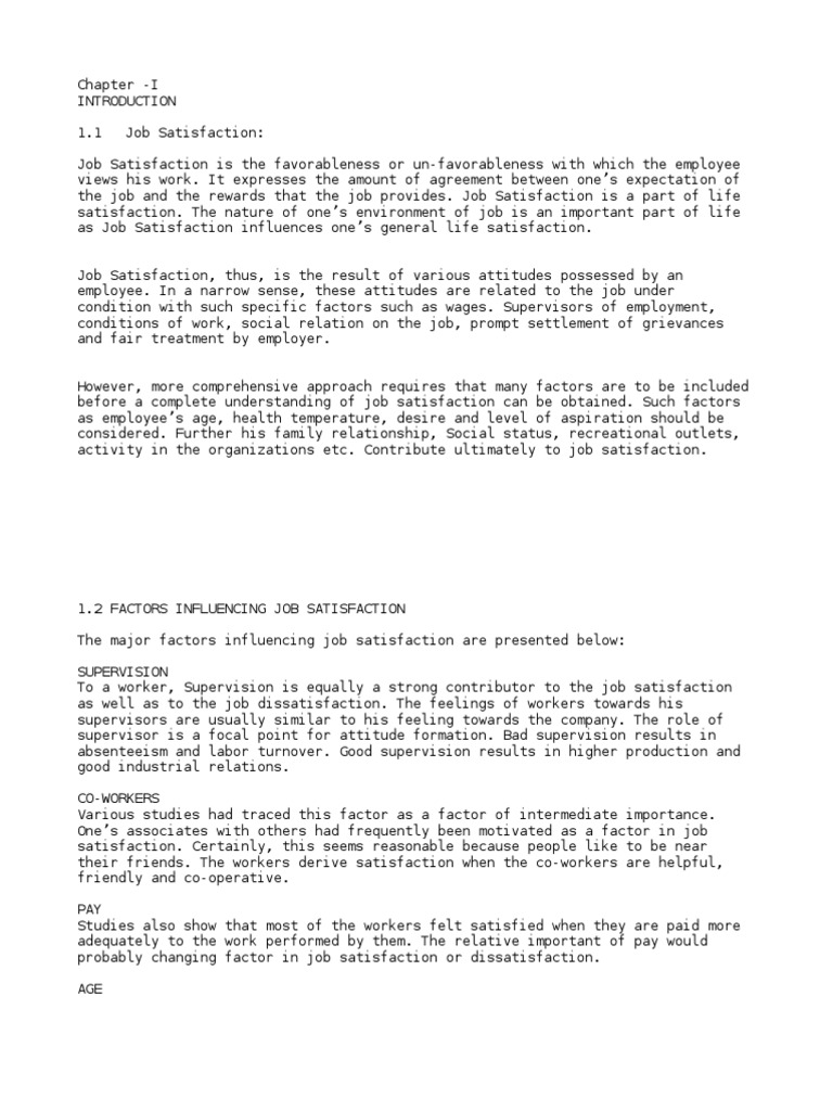 Chapter - I INTRODUCTION 1.1 Job Satisfaction | PDF | Job Satisfaction ...