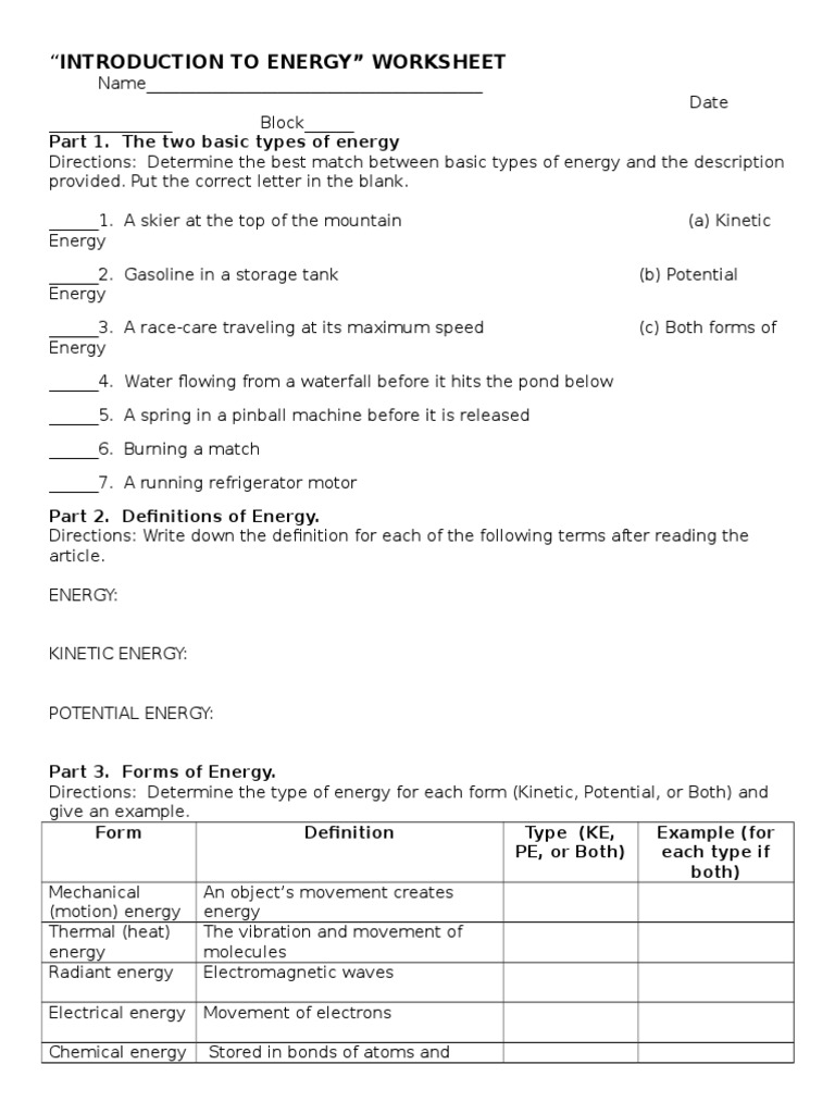 Introduction To Energy  PDF With Regard To Introduction To Energy Worksheet