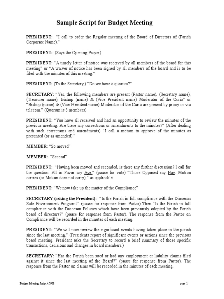 CM Script for Budget Meeting (1) | Agenda (Meeting) | Board Of Directors