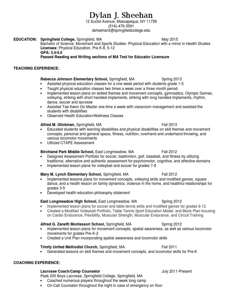 Sheehan Resume Lacrosse Physical Education
