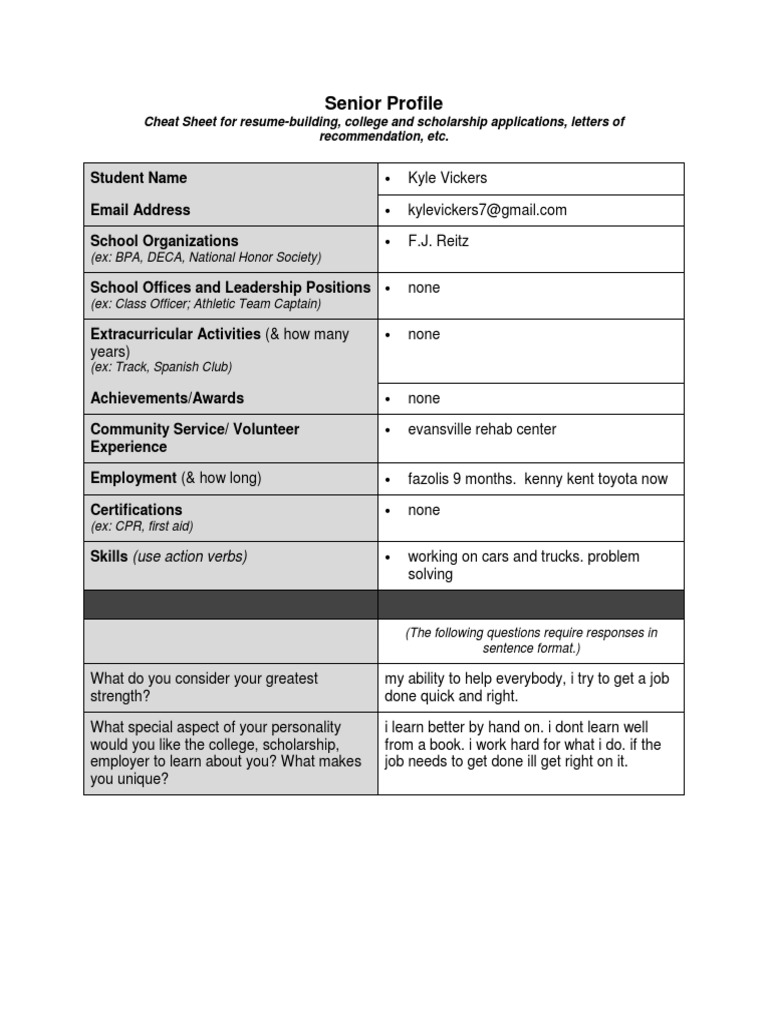 Senior Profile Resume Cheat Sheet | PDF