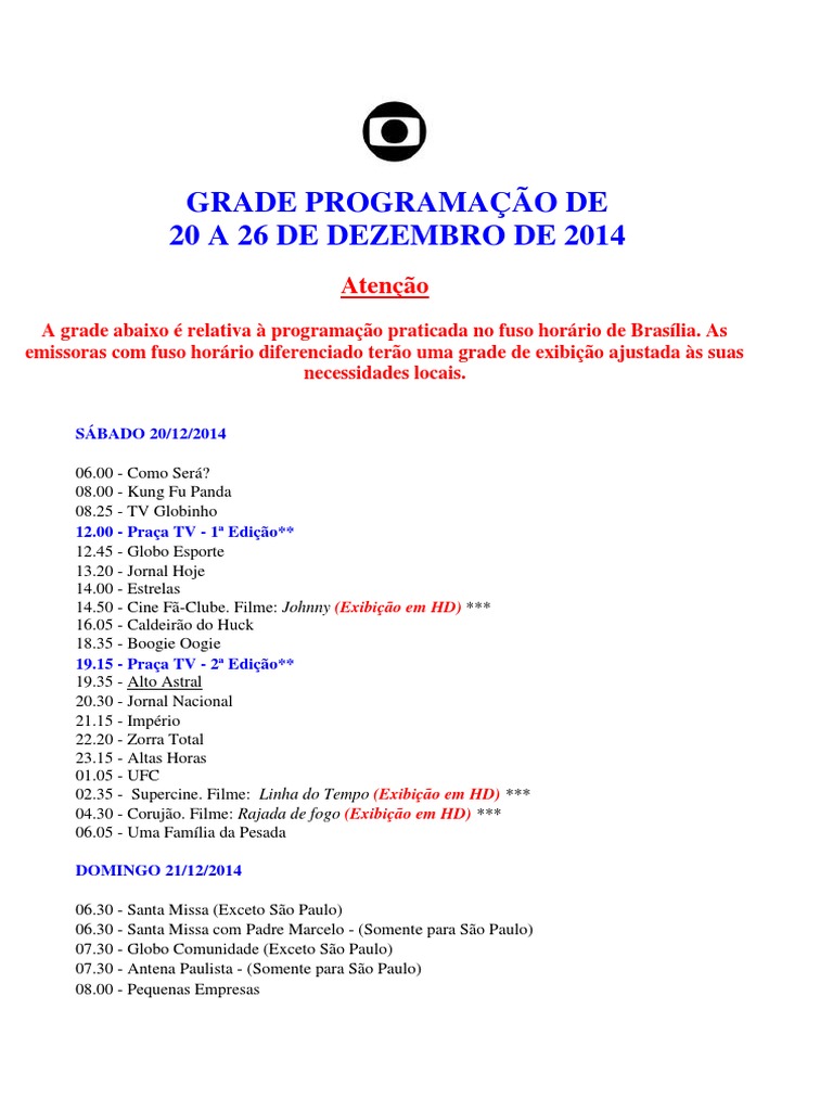 Grade de Programação Globo TV | PDF | Lazer