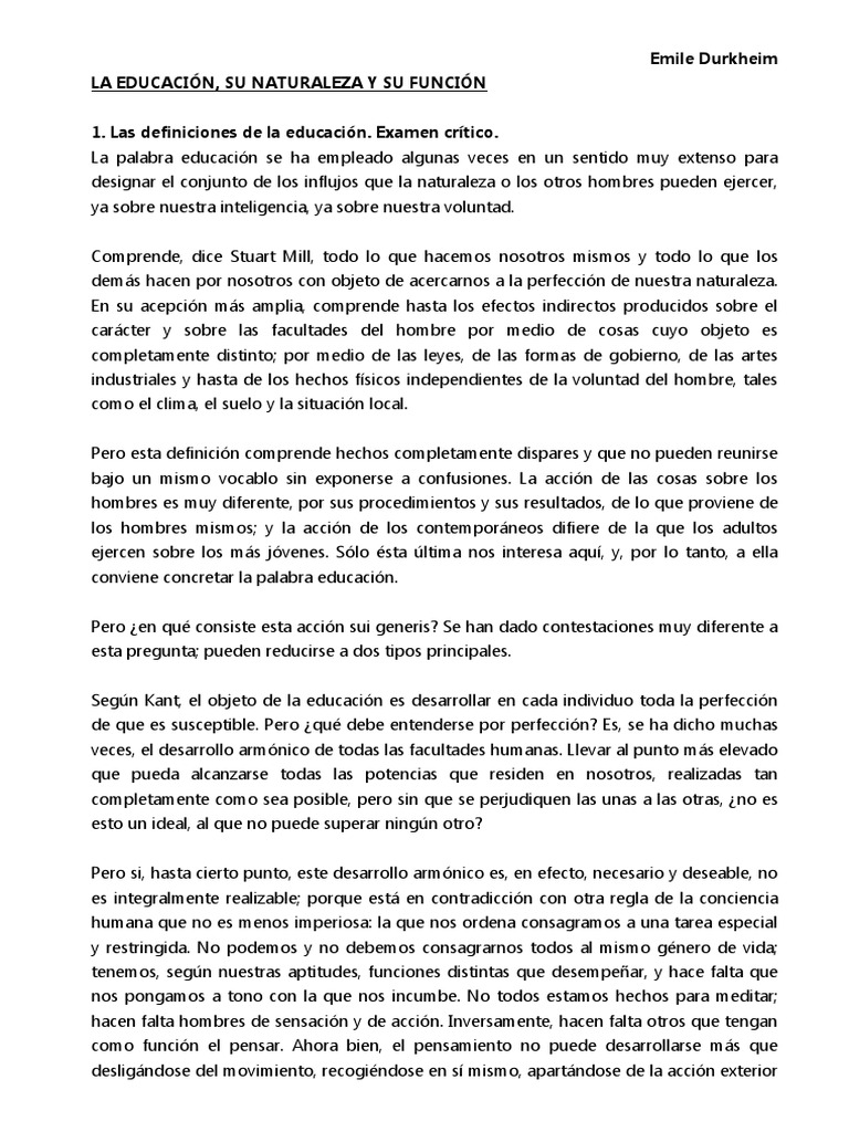 Emile Durkheim. La Educación, Su Naturaleza y Función.