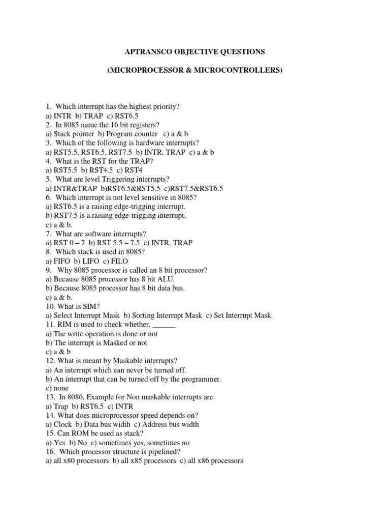APTRANSCO Microprocessor Quiz | PDF