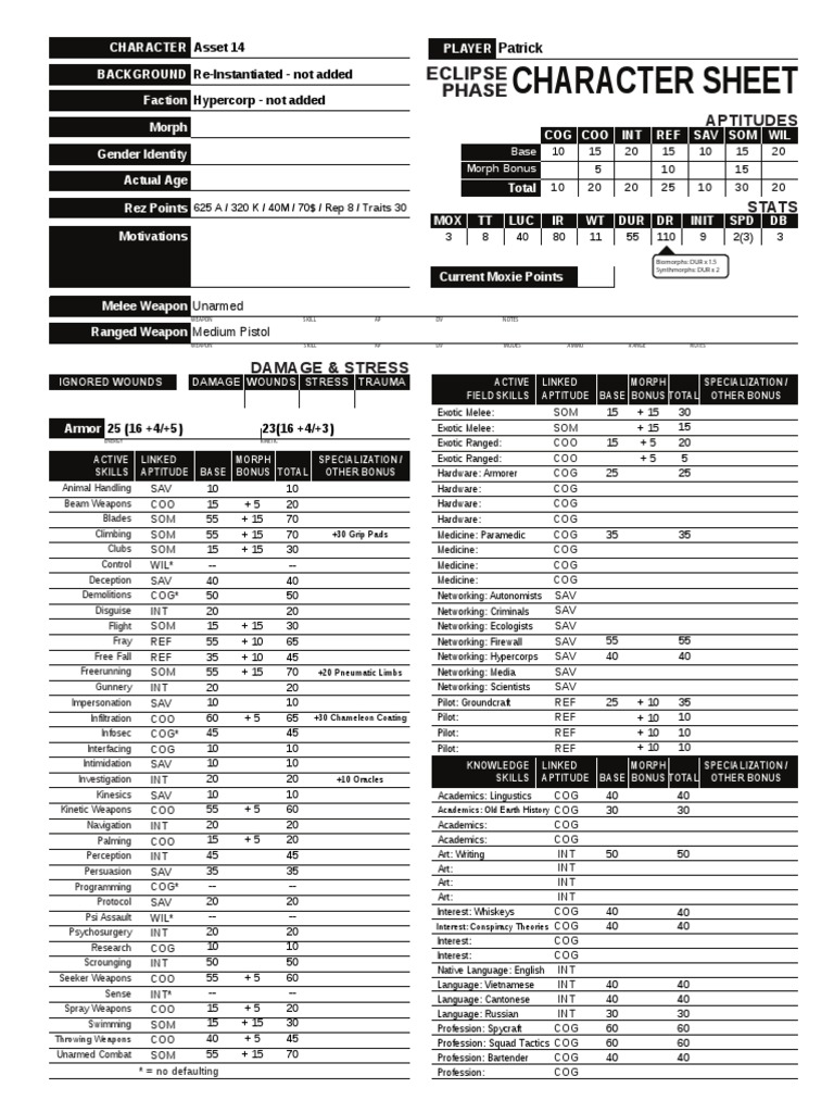 Eclipse Phase Character Sheet Template | PDF | Weaponry | Unrest