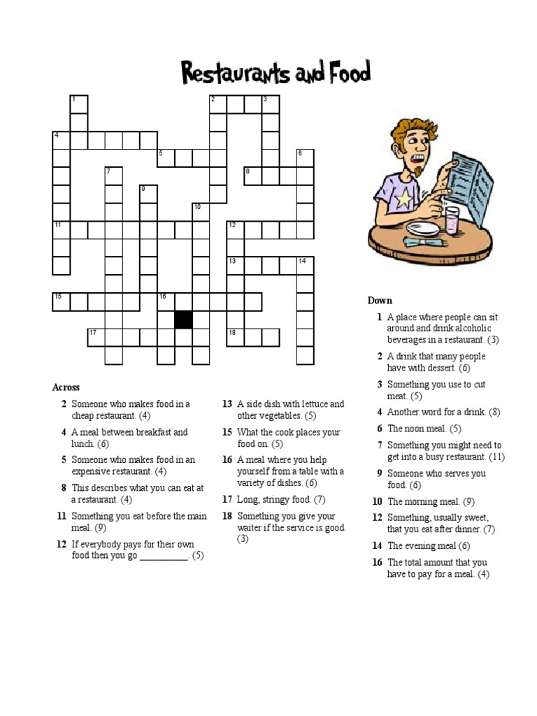 Restaurant Crossword PDF Meal Lunch