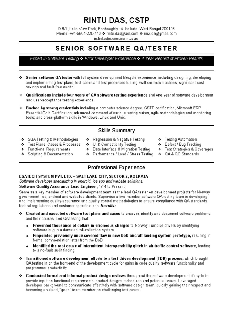 Senior Software QA Tester Resume | PDF | Software Testing | Quality ...