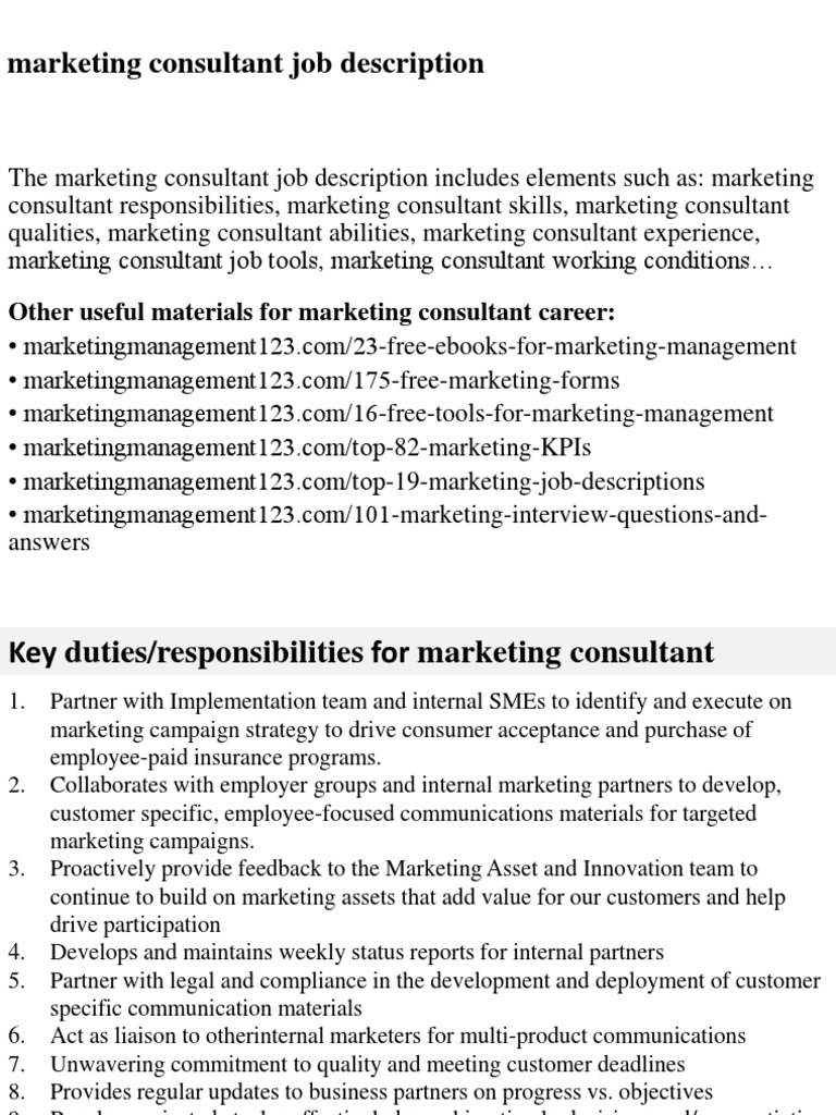 Marketing Consultant Job Description PDF Marketing Recruitment