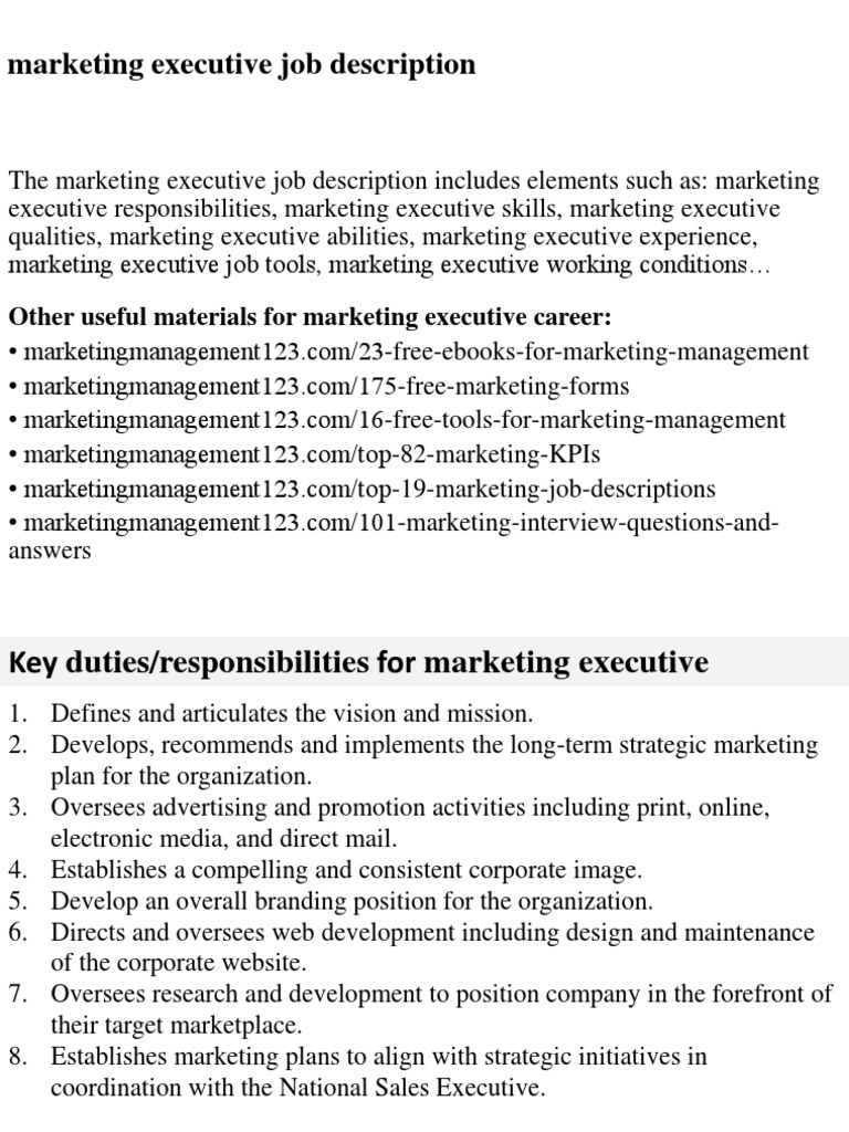Marketing Executive Job Description Pdf Marketing Recruitment