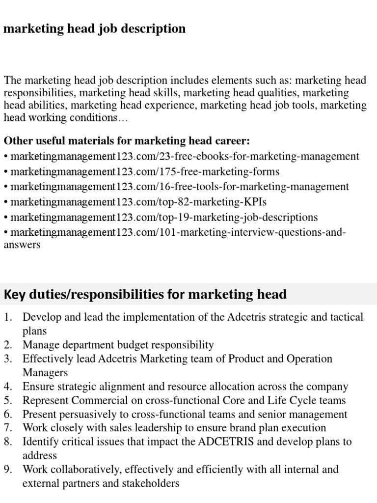 Marketing Head Job Description Overview | PDF | Marketing | Recruitment