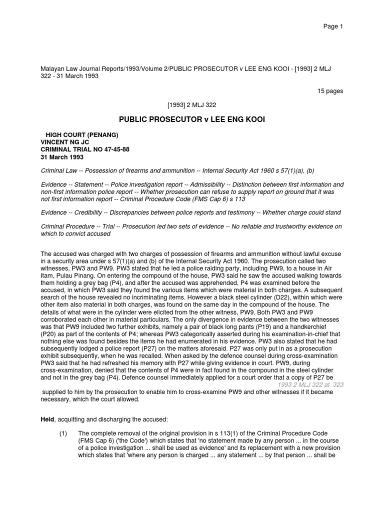 Public Prosecutor V Lee Eng Kooi 1993 2 Witness Impeachment Evidence Law