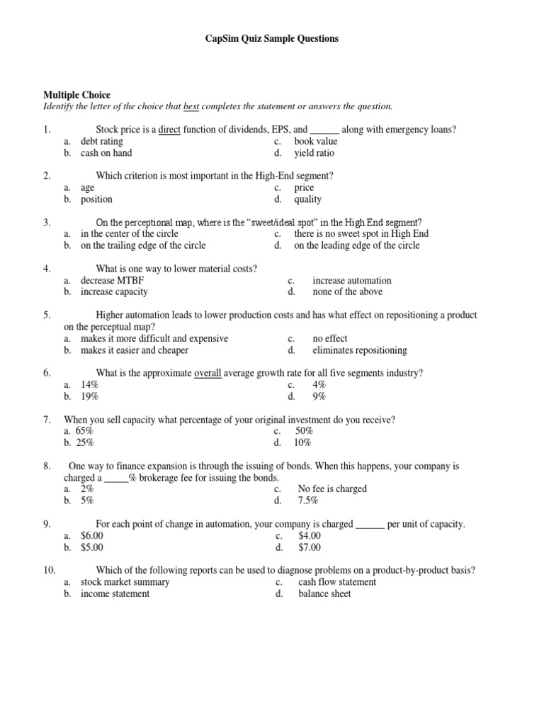 CapSim Quiz Sample Questions SP13 PDF