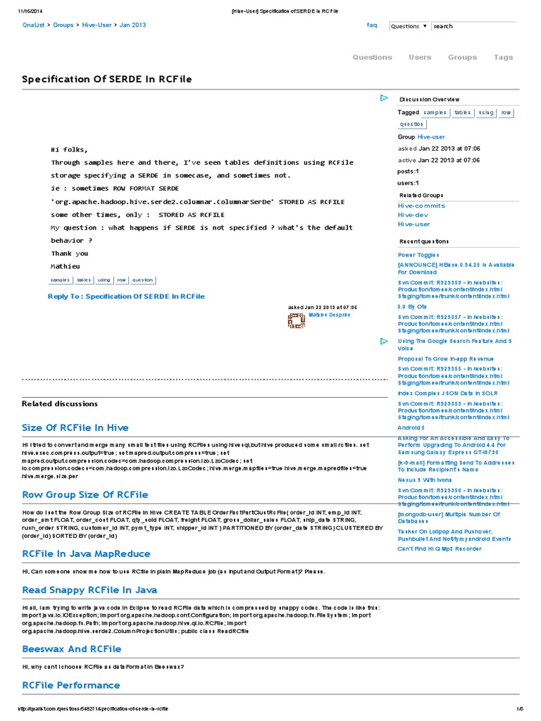 Specification of SERDE in RCFile | PDF | Apache Hadoop | Map Reduce