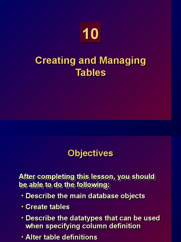Creating and Managing Tables | PDF | Table (Database) | Databases