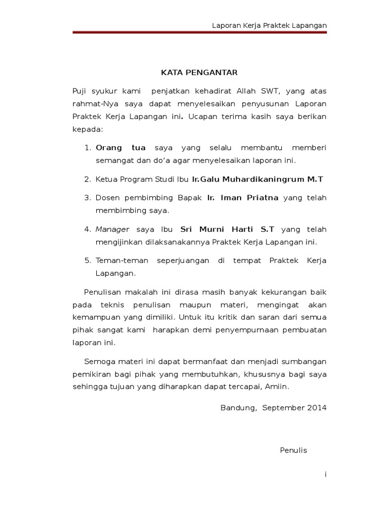 Kata Pengantar Laporan Kerja Praktek - Seputar Laporan
